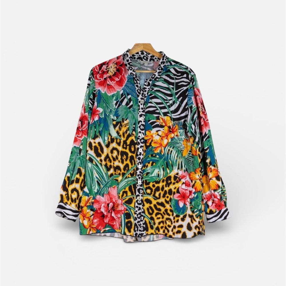 John Mark Abstract Multi-Print Button Front Tunic… - image 1